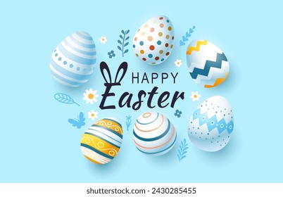 Easter holiday, hare with a basket of Easter eggs, Easter bunny and eggs. Vector illustration