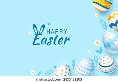 Easter holiday, hare with a basket of Easter eggs, Easter bunny and eggs. Vector illustration