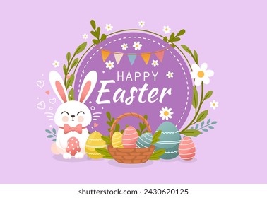 Easter holiday, hare with a basket of Easter eggs, Easter bunny and eggs. Vector illustration