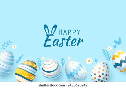 Easter holiday, hare with a basket of Easter eggs, Easter bunny and eggs. Vector illustration