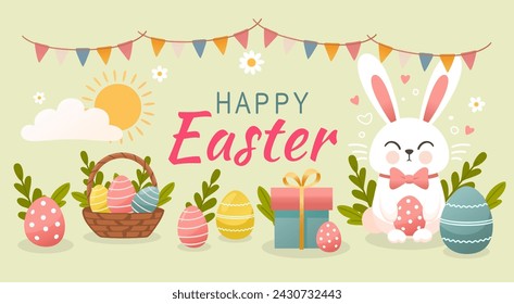 Vacaciones de Pascua, liebre con una cesta de huevos de Pascua, conejito de Pascua y huevos. Ilustración de vector