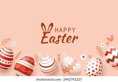Vacaciones de Pascua, liebre con una cesta de huevos de Pascua, conejito de Pascua y huevos. Ilustración de vector