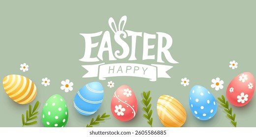 Easter holiday, hare with a basket of Easter eggs, Easter bunny and eggs. Vector illustration