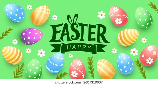 Easter holiday, hare with a basket of Easter eggs, Easter bunny and eggs. Vector illustration