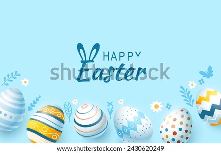 Easter holiday, hare with a basket of Easter eggs, Easter bunny and eggs. Vector illustration