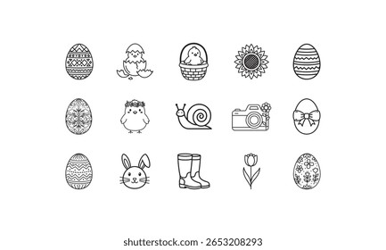 Easter holiday icons with eggs chicks and flowers vector