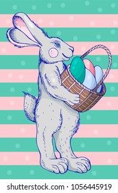 Easter holiday illustration with bunny boy and basket of eggs
