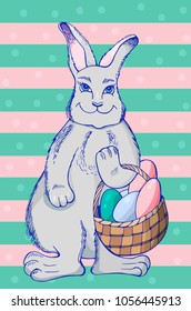 Easter holiday illustration with bunny girl and basket of eggs