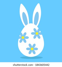 Easter holiday illustration. Painted egg with bunny ears on blue background