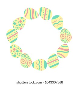 Easter holiday illustration. Round frame of colored eggs. Flat design for scrapbooking, print, banner