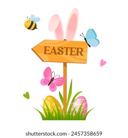 Easter holiday illustration with a wooden arrow with lettering Easter, colorful painted eggs, butterflies and bee.