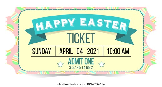 Easter holiday invitation card on white isolated background. Seamless Easter pattern with eggs on the ticket. Vector graphics. Passover ticket for one person.