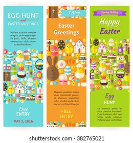 Easter Holiday Invitation Vertical Flyer Set. Flat Design Vector Illustration of Brand Identity for Spring Religious Holiday Promotion. Colorful Pattern for Advertising.