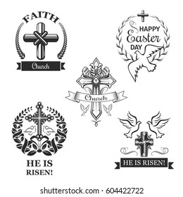 Easter Holiday Isolated Sign Set. Cross, Crucifix And Dove Bird Symbol, Adorned With Floral Wreath, Ribbon Banner And Fleur-de-lis. Easter Celebration Badge For Church Event Design