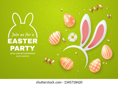 Easter Holiday light green background with bunny ears headband, easter eggs and scattered golden confetti. Top view composition. Template for greeting card, party invite, promo. Vector illustration.