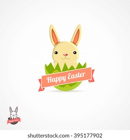 Easter holiday logo with bunny in egg shell vector illustration