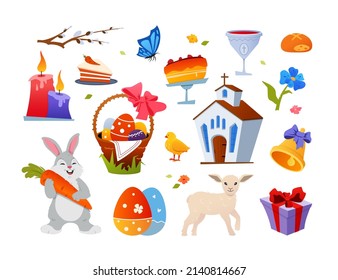 Easter holiday - modern flat design style object set. Neat detailed image of religious items associated with traditional rites. Church, candles, pussy willow branch, consecrated goblet, painted eggs
