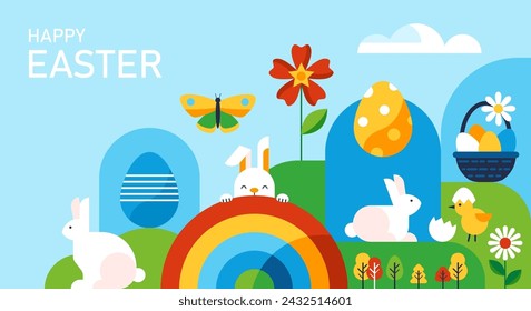 Diseño de póster moderno de vacaciones de Pascua en estilo geométrico de moda. Plantilla para tarjetas de felicitación, banner, redes sociales y marketing de ventas