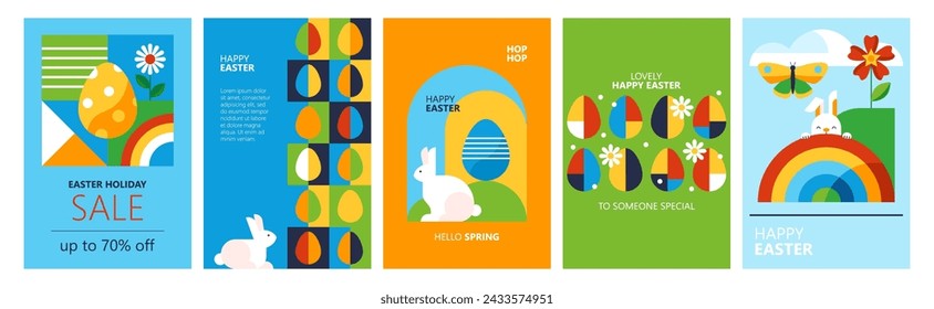 Diseño de póster moderno de vacaciones de Pascua en estilo geométrico de moda. Plantilla para tarjetas de felicitación, banner, redes sociales y marketing de ventas