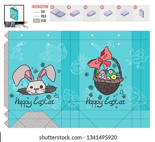 Easter holiday package template with doodles drawings a cunning hare and a basket of eggs