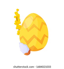 Easter holiday painted egg and flowers on white. Vector design element for greeting and advertising products.