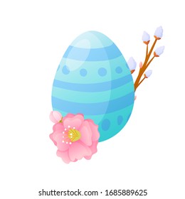 Easter holiday painted egg and flowers on white. Vector design element for greeting and advertising products.