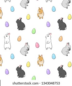 Easter holiday pattern design with cute little rabbits illustration and colored traditional eggs on white background. - Vector