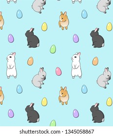 Easter holiday pattern design with cute little bunnies illustration and colored traditional eggs on blue background. - Vector