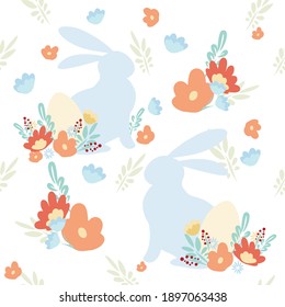 Easter holiday pattern . Illustration with an Easter bunny.  Vector flowers plants. Chicken in the nest. Easter Egg