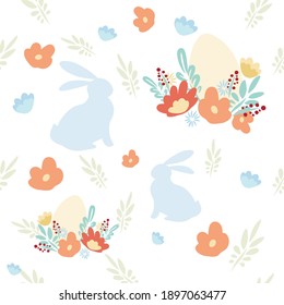 Easter holiday pattern . Illustration with an Easter bunny. Vector flowers plants. Chicken in the nest. Easter Egg