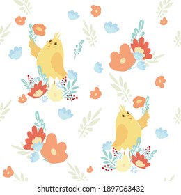 Easter holiday pattern . Vector pattern with chicken. Vector flowers plants. Chicken in the nest. Easter Egg