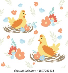 Easter holiday pattern . Vector pattern with chicken. Vector flowers plants. Chicken in the nest. Easter Egg