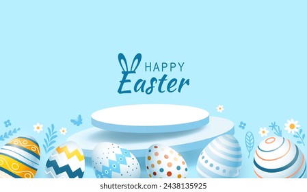 Easter holiday podium, hare with a basket of Easter eggs, Easter bunny and eggs. Vector illustration