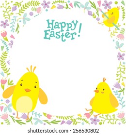 Easter holiday postcard. Cute little chicks on floral decorations background. Free space for text message.