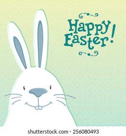 Easter holiday postcard. Cute white bunny on a wavy background and Happy Easter lettering. Vector illustration.