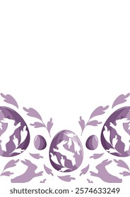 easter holiday poster or greeting card template with purple easter eggs with shadow of rabbit jumping and shadow of rabbit and purple leaves