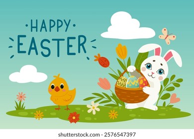 Easter holiday poster. Happy Easter card with Easter bunny and painted eggs flat vector background illustration. Easter holidays backdrop