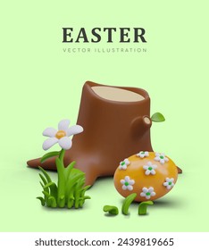 Easter holiday poster on green background. Realistic tree stump, grass, daisy, decorated egg