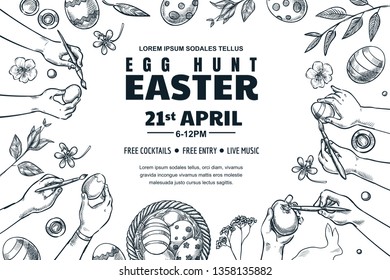 Easter holiday poster. Vector top view sketch illustration of children art workshop. Horizontal egg hunt banner or flyer layout. Kids painting Easter eggs.