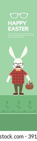 Easter Holiday Rabbit Bunny Hipster Hold Basket With Colorful Eggs Style Mustache Glasses Flat Vector Illustration