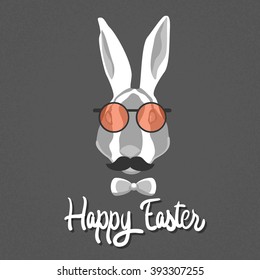 Easter Holiday Rabbit Bunny Hipster Style Mustache Glasses Tie Flat Vector Illustration