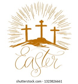 Easter holiday religious calligraphic text , cross symbol of Christianity hand drawn vector illustration sketch