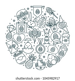 Easter holiday round composition with flat line symbols and signs: envelope, bunny, egg, candle, calendar. Template for card, invitation, flyer, leaflet, banner in thin linear design.