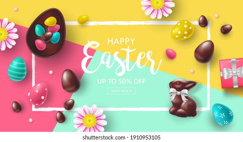 Easter holiday sale banner design with chocolate bunny and Easter eggs. Template for poster, cards and advertising