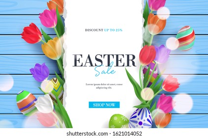 Easter holiday sale promo banner frame background vector illustration with colorful decorative eggs and tulips flower