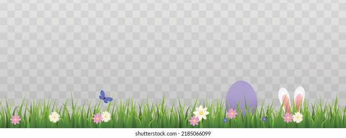 Easter holiday seamless border or frame template with green grass, painted eggs and bunny ears, realistic vector illustration isolated on transparent background.