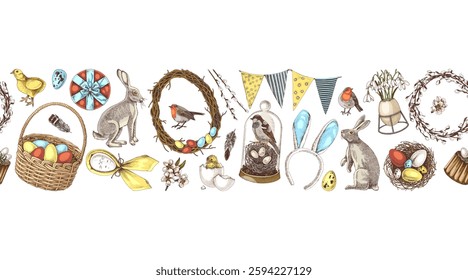Easter holiday seamless border with hand drawn elements