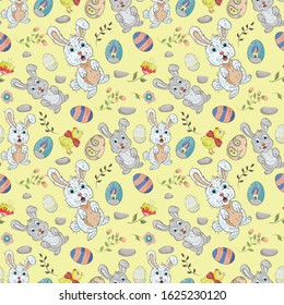 Easter holiday seamless illustration pattern color drawings depicting holiday attributes and greetings inscription in the style of Doodle for design design background is isolated vector EPS 10