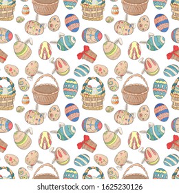 Easter holiday seamless illustration pattern color drawings depicting holiday attributes and greetings inscription in the style of Doodle for design design background is isolated vector EPS 10