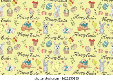 Easter holiday seamless illustration pattern color drawings depicting holiday attributes and greetings inscription in the style of Doodle for design design background is isolated vector EPS 10
